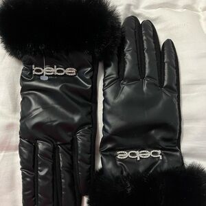 Bebe Luxe Black Gloves with Fur Detail